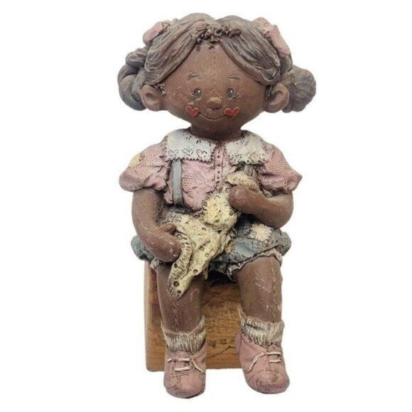 Vintage Sarah’s Attic African American Girl Muffin Rag doll Figurine ￼￼signed